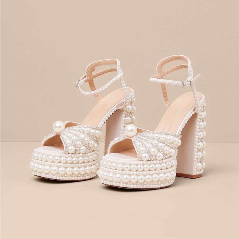 Azalea Wang White Pearl-Embellished Platform Sandal Heels